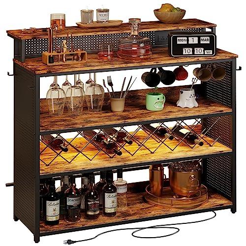 IRONCK Bar Cabinet with LED Lights and Charging Station, Home Bar Unit 4 Tiers with Wine Racks, Glass Holders, Industrial Storage Buffet Cabinet for Kitchen, Dining Room, Living Room - CookCave