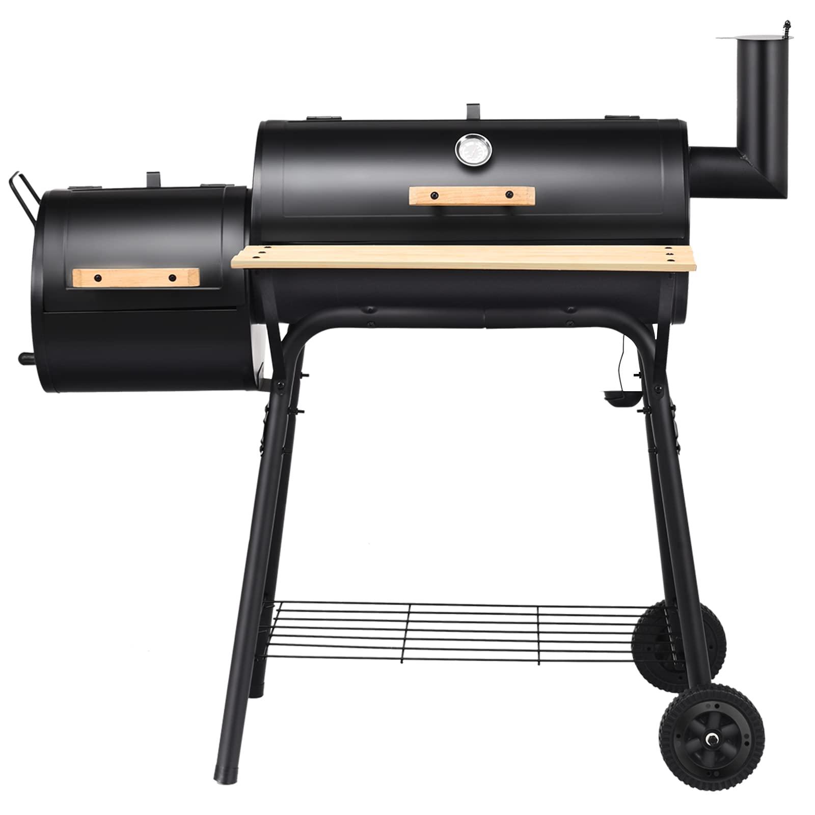 HAPPYGRILL Outdoor BBQ Grill with Offset Smoker & Thermometer, Portable Barbecue Charcoal Grill Oven with Wheels for Patio Backyard Party - CookCave