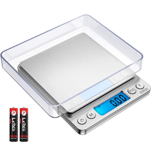 (Upgraded) AMIR Digital Kitchen Scale, 500g Mini Pocket Jewelry Scale, Cooking Food Scale, Back-Lit LCD Display, 2 Trays, 6 Units, Auto Off, Tare, PCS, Stainless Steel (Batteries Included) - CookCave