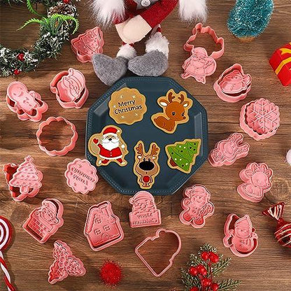Jspupifip 16 Pack Christmas Cookie Cutter Set, 3D Cookie Cutters for Baking Pink DIY Press Cookie Stamps Molds for Kids Gingerbread Man, Christmas Tree, Snowman, Santa, Snowflake, Merry Christmas - CookCave
