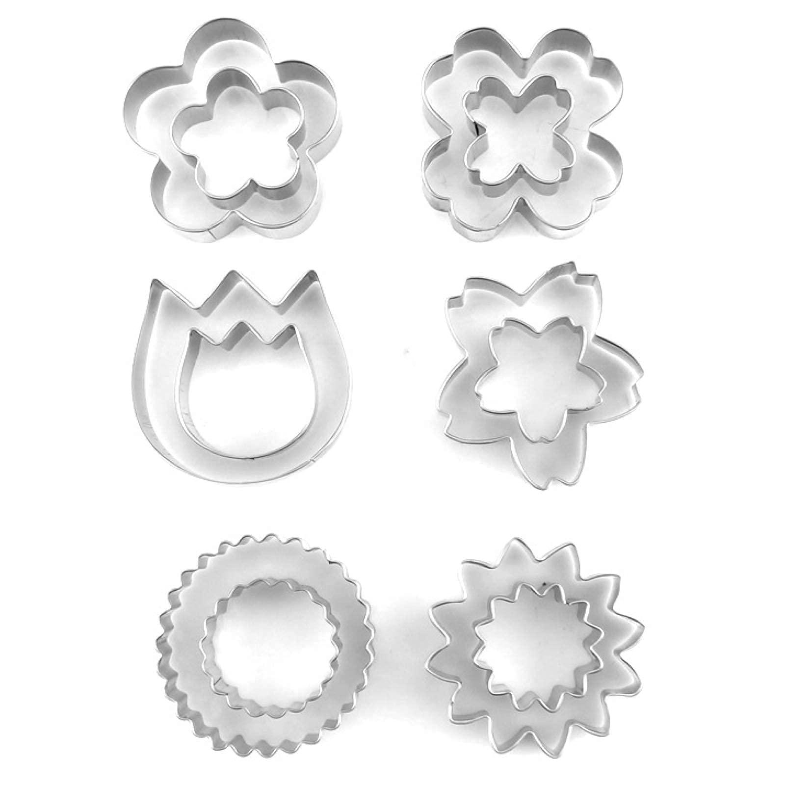 Flowers Cookie Cutter Set -12 Pieces - Plum Blossoms, Clover, Tulip, Cherry Blossoms, Sawtooth Circle, Sunflower Biscuit Fondant Cutters Stainless Steel - CookCave