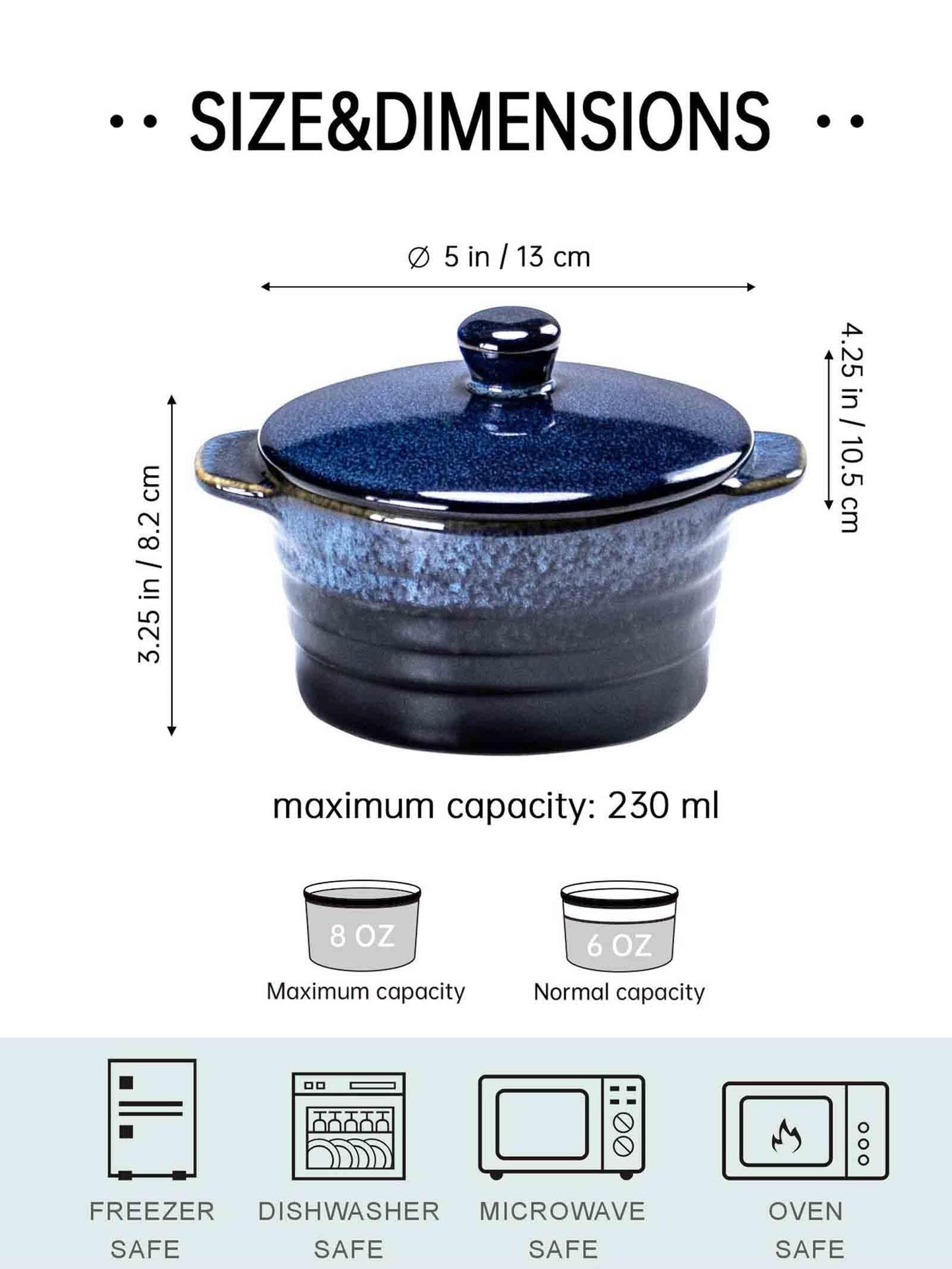 Henten Home Ceramic 8 oz Ramekins with Lid, Porcelain Mini Cocotte with Handle Set of 4, Reactive Glaze Samll Casseroles Dishfor Baking, Custard Cup, Pudding, Crème brûlée (Deep Blue) - CookCave