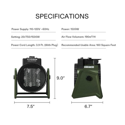 VIVOSUN 1500W Portable Greenhouse Heater, 1500W/750W Electric Heater with 3 Modes for Fast Heating, Overheat Protection and Dust Proof for Grow Tent, Patio, Outdoor - CookCave