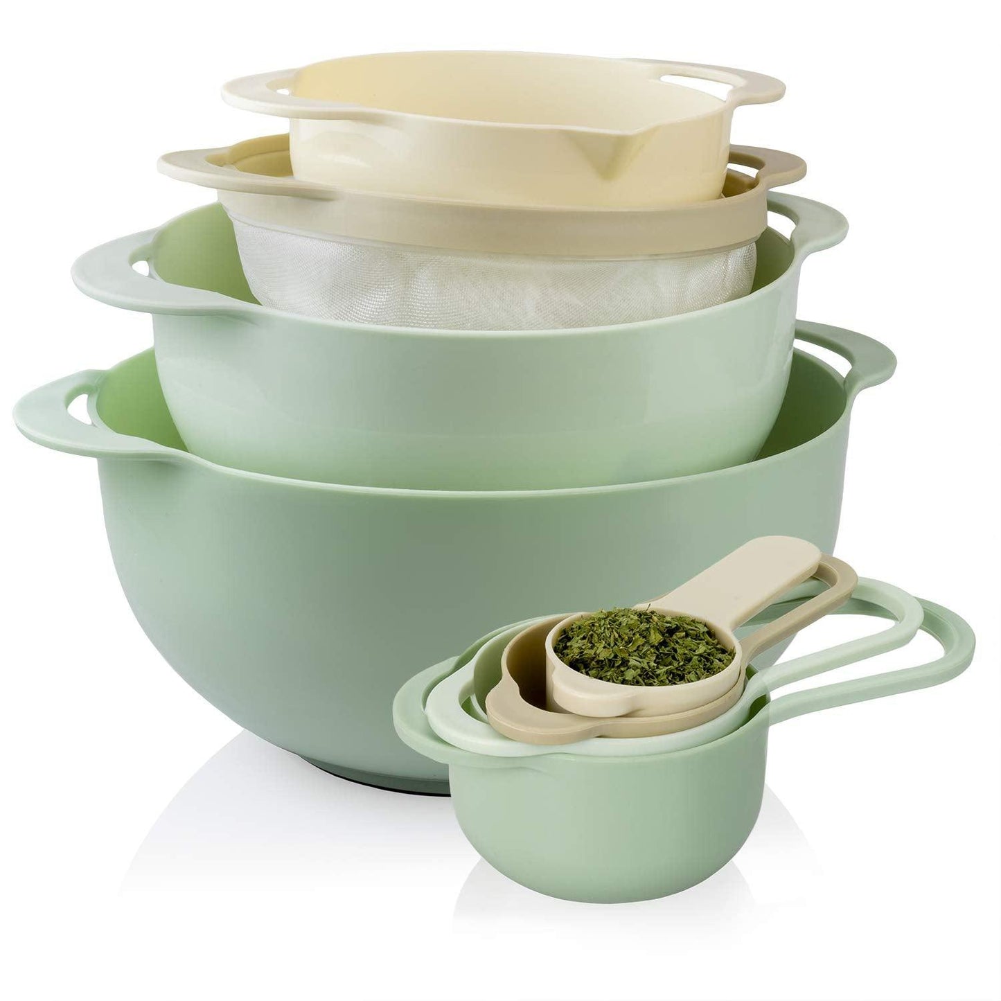 COOK WITH COLOR 8 Piece Nesting Bowls with Measuring Cups Colander and Sifter Set - Includes 2 Mixing Bowls, 1 Colander, 1 Sifter and 4 Measuring Cups, polypropylene, Mint Green - CookCave