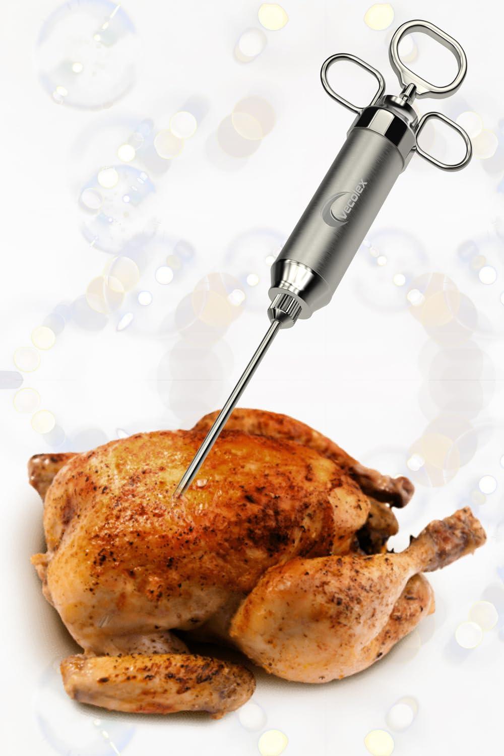 Vecolex Stainless Steel Meat Injector Marinade Syringe Heavy Duty 2 Oz with 3 Needles 3 Brushes Spare O Rings Users Manual and Recipe E-Book - CookCave