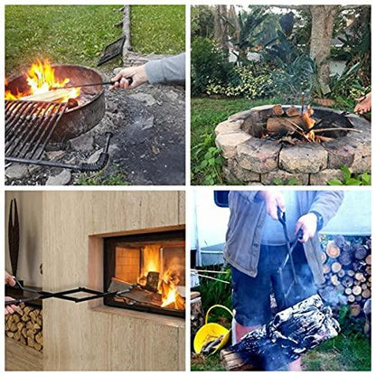 Heavy Duty 32 inch Long Fireplace Fire Pit Campfire Bonfire Poker Stick and Fireplace Wood Stove Firewood Tongs with Handbag, Log Grabber Rust Resistant, Black Finish for Indoor and Outdoor use - CookCave