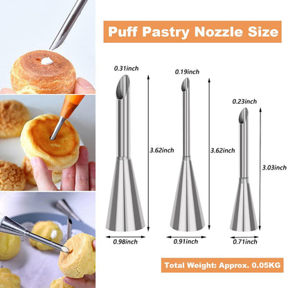 Suuker 3pcs/set Cream Icing Piping Nozzle Tips, Professional Stainless Steel Long Cream Puff Nozzle Decor Small Pastry Icing Piping Decorating Tools(Silver) - CookCave