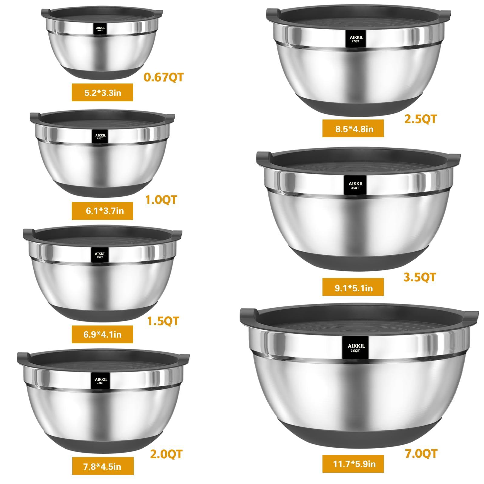 AIKKIL Mixing Bowls with Airtight Lids, 20 piece Stainless Steel Metal Nesting Bowls, Non-Slip Silicone Bottom, Size 7, 3.5, 2.5, 2.0,1.5, 1,0.67QT Great for Mixing, Baking, Serving (Grey) - CookCave