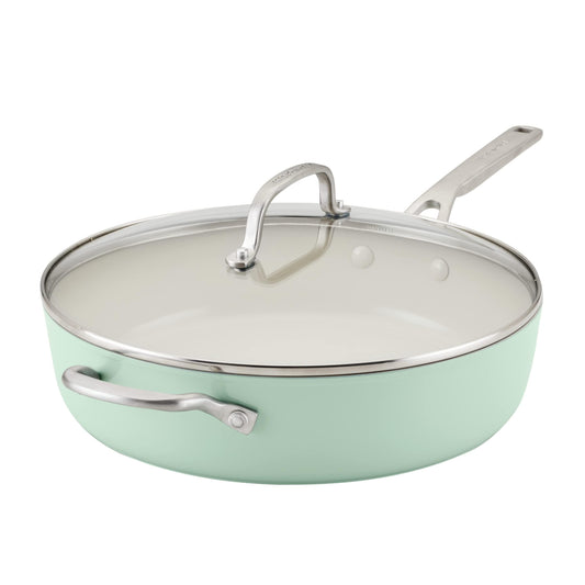 KitchenAid Hard Anodized Ceramic Nonstick Sauté Pan with Lid, 5 Quart, Pistachio - CookCave