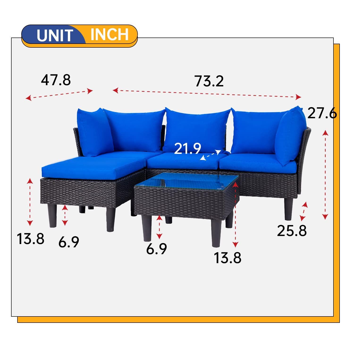 FDW 5 Pieces Patio Furniture Sets Outdoor Sectional Sofa Wicker Chair Rattan Conversation Set for Outdoor Backyard Porch Poolside Balcony Garden Furniture with Coffee Table,Blue Cushion - CookCave