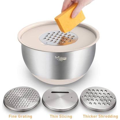 Wildone Mixing Bowls Set of 5, Stainless Steel Nesting Bowls with Khaki Lids, 3 Grater Attachments, Measurement Marks & Non-Slip Bottoms, Size 5, 3, 2, 1.5, 0.63 QT, Great for Mixing & Serving - CookCave