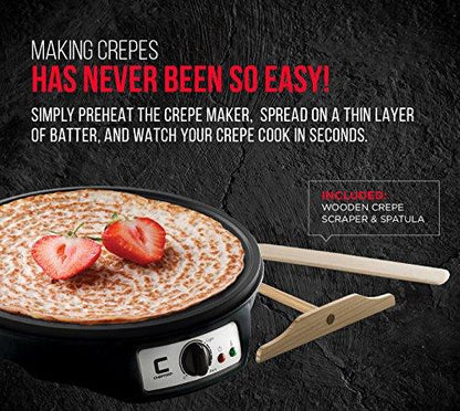 CHEFMAN Electric Crepe Maker: Precise Temp Control, 12" Non-Stick Griddle, Perfect for Crepes, Tortillas, Blintzes, Pancakes, Waffles, Eggs, Bacon, Batter Spreader & Spatula Included, Black - CookCave