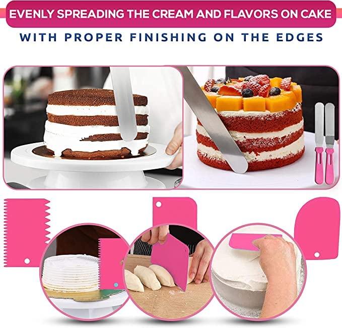 RFAQK 35PCs Cake Turntable and Leveler-Rotating Cake Stand with Non Slip pad-7 Icing Tips and 20 Bags- Straight & Offset Spatula-3 Scraper Set -EBook-Cake Decorating Supplies Kit -Baking Tools - CookCave