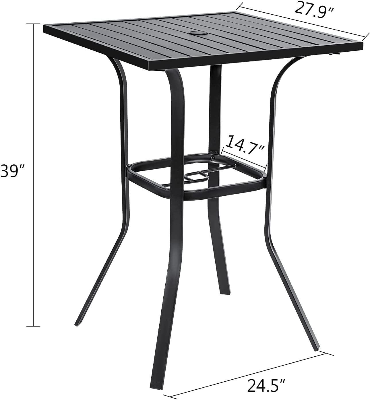 Omelaza Patio Height Bar Table, Outdoor Bistro Square High Top Dining Table with 1.57'' Umbrella Hole & Steel Slat Table Top (Black) - CookCave