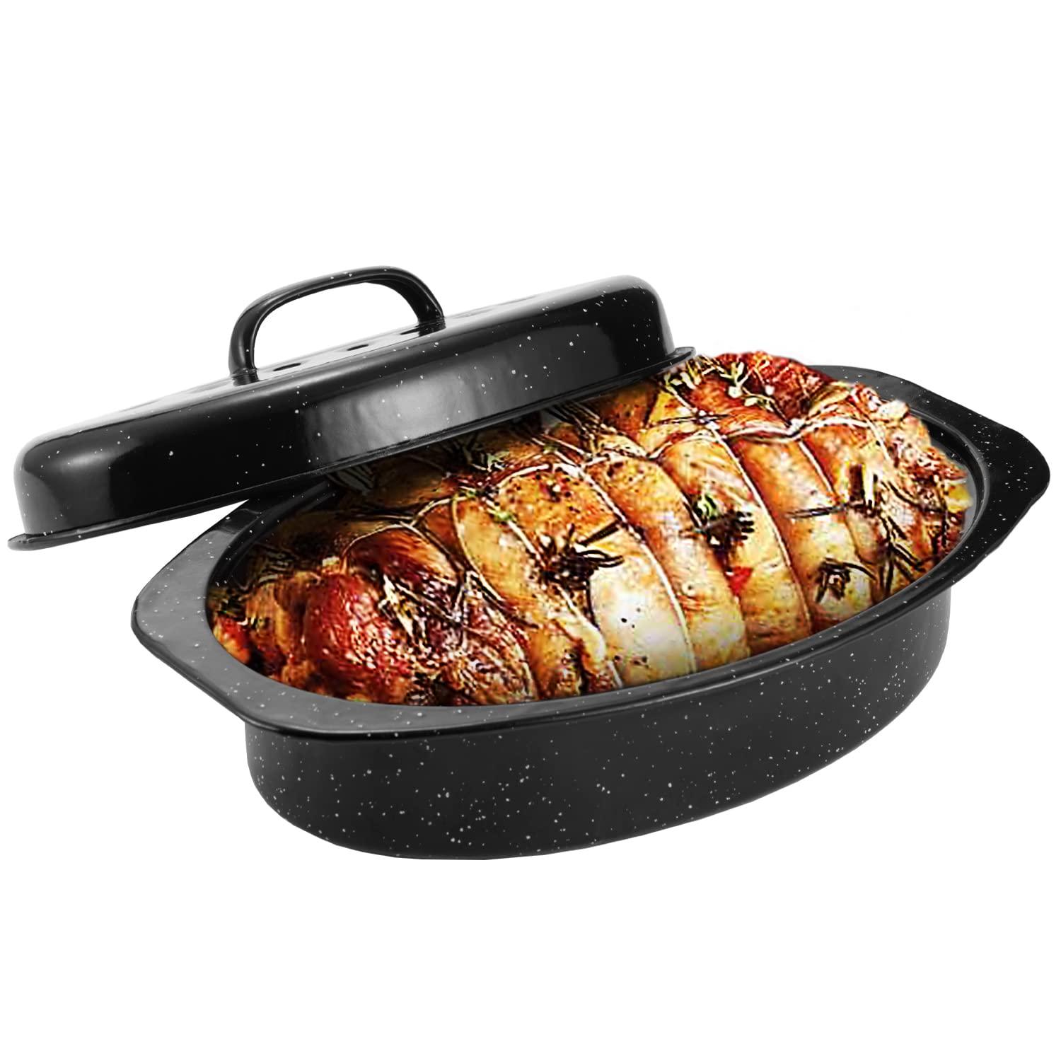 JY COOKMENT Granite Roaster Pan, Small 13” Enameled Roasting Pan with Domed Lid. Oval Turkey Roaster Pot, Broiler Pan Great for Small Chicken, Lamb. Dishwasher Safe Cookware Fit for 7Lb Bird - CookCave