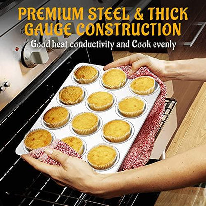 E-far Muffin Pan 12-Cup, Set of 2, Stainless Steel Cupcake Pan Metal Muffin Baking Tins for Oven, Regular Size & Easy Clean, Non-toxic & Dishwasher Safe-2 Pack - CookCave