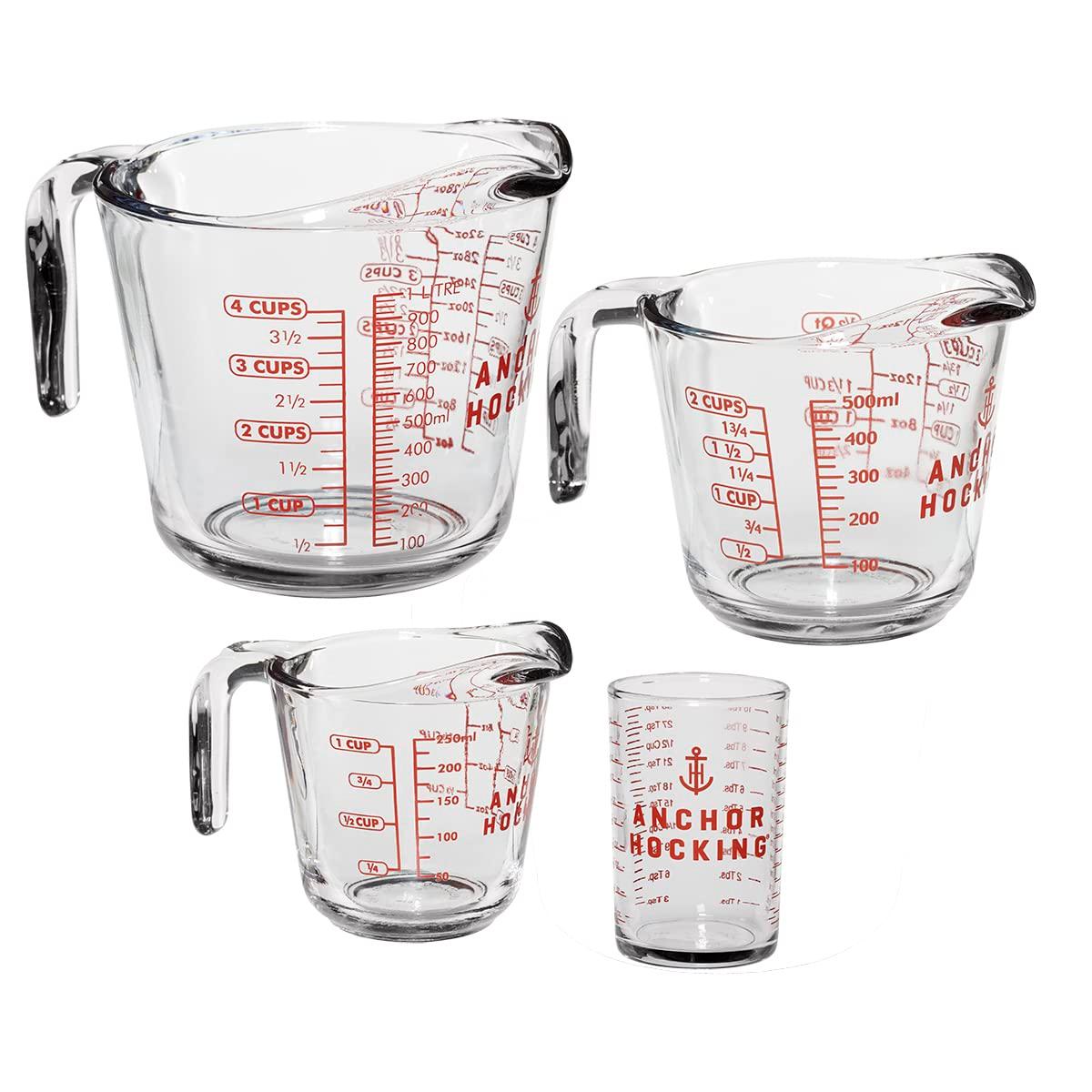 Anchor Hocking Glass Measuring Cups, 4 Piece Set (5 Ounce, 1 Cup, 2 Cup, 4 Cup liquid measuring cups) - CookCave