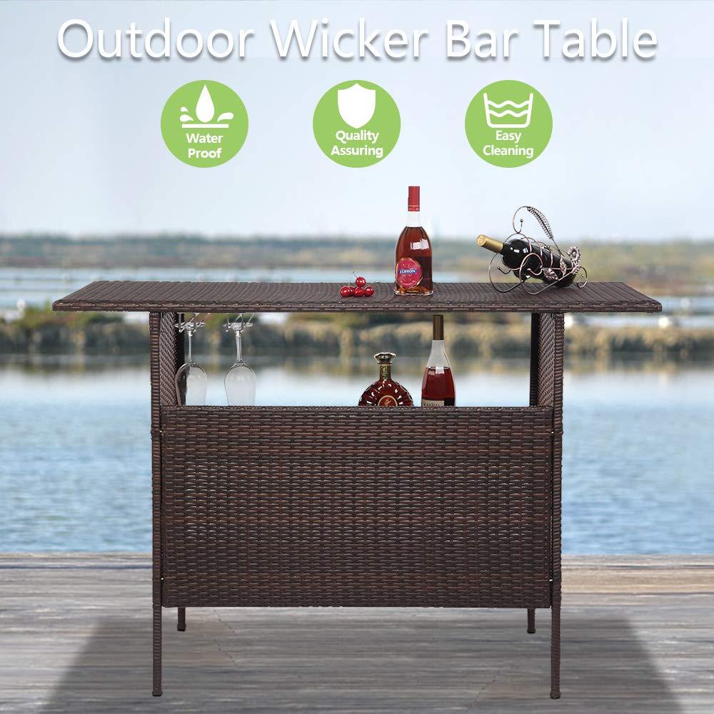 VINGLI Wicker Outdoor Bar Table with 2 Steel Shelves, Sets of Rails, Rattan Patio Storage for Backyard, Poolside, Garden - CookCave