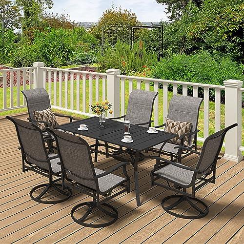 VEVOR 7 Pieces Patio Dining Set, Outdoor Furniture Table and Swivel Chairs Set, All Weather Garden Furniture Table Sets, Iron Patio Conversation Set with Umbrella Hole, For Lawn, Deck, Backyard, Black - CookCave