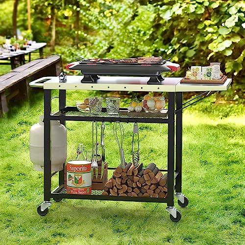 LUE BONA 43.3"W x 19.7"D Outdoor Grill Cart Table with Foldable Side Table, Movable Pizza Oven Stand for Outside Patio, Three-Shelf Stainless Steel Flattop Outdoor Cooking Prep Table with Wheels - CookCave