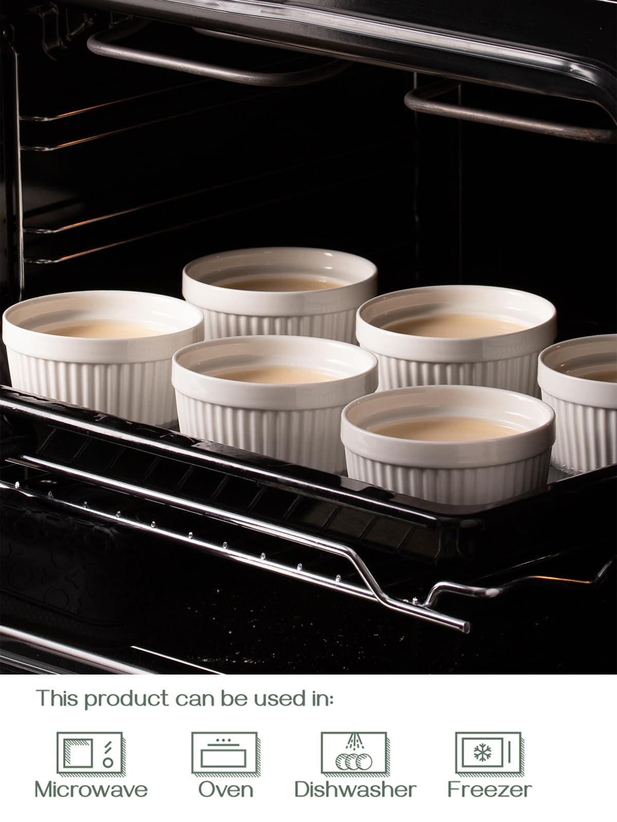 DOWAN Ramekins 8 oz Oven Safe with Lids, Creme brulee Ramekins Bowls with Covers, Porcelain White Ramekins Souffle Dishes for Baking, Stackable, Set of 6 - CookCave