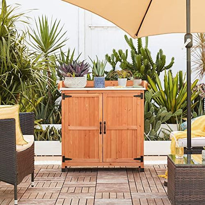 Yaheetech Garden Potting Bench Table - Outdoor Garden Patio Wooden Storage Cabinet & Solid Wood Planting Work Bench with Large Space Storage & Metal-Plated Tabletop, Brown - CookCave