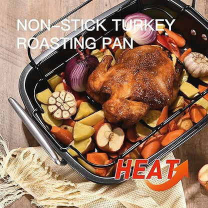 HONGBAKE Nonstick Turkey Roasting Pan with Rack, 17 x 13 Inch Large Chicken Roaster Pan for Oven, Suitable for 25lb Turkey, Heavy Duty, Dark Grey - CookCave