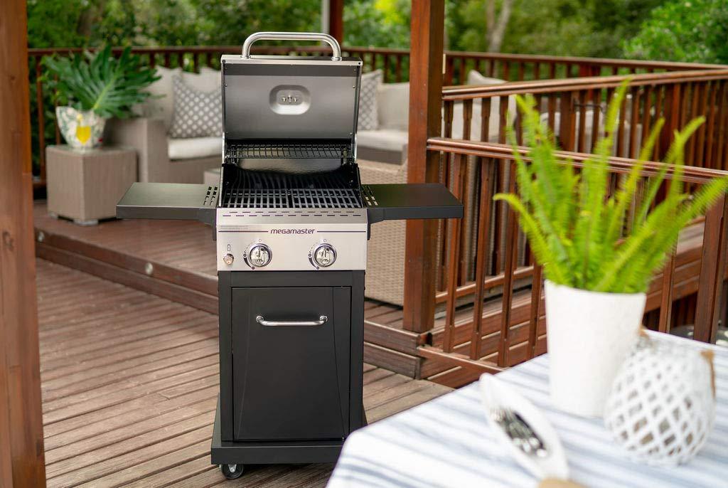 Megamaster 2-Burner Propane Barbecue Gas Grill with Foldable Side Tables, Perfect for Camping, Outdoor Cooking, Patio, Garden Barbecue Grill, 28000 BTUs, Silver and Black, 720-0864MA - CookCave