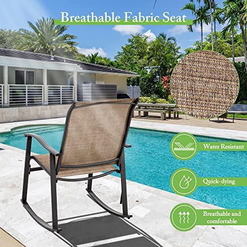 Shintenchi 3 Piece Rocking Bistro Set, Outdoor Furniture with Rocker Chairs and Glass Coffee Table Set of 3, Balcony, Porch Furniture for Small Space, Brown - CookCave