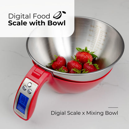 Fradel Digital Kitchen Food Scale with Bowl (Removable) and Measuring Cup - Stainless Steel, Backlight, 11lbs Capacity - Cooking, Baking, Gym, Diet - Precise Measuring (Red) - CookCave
