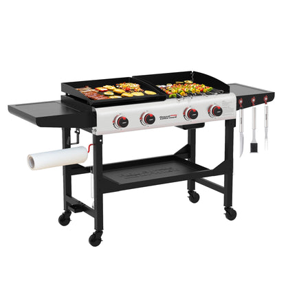 Royal Gourmet GD403 4-Burner Portable Flat Top Gas Grill and Griddle Combo with Folding Legs, 48,000 BTU, for Outdoor Cooking While Camping or Tailgating, Black & Silver - CookCave