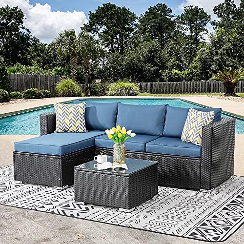 Shintenchi Patio Furniture Sets 3 Pieces Outdoor Sectional Sofa Black All-Weather Rattan Wicker Sofa Small Patio Conversation Couch with Washable Cushion and Glass Table(Aegean Blue) - CookCave