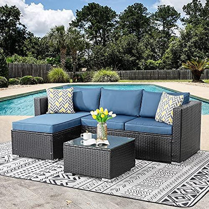 Shintenchi Patio Furniture Sets 3 Pieces Outdoor Sectional Sofa Black All-Weather Rattan Wicker Sofa Small Patio Conversation Couch with Washable Cushion and Glass Table(Aegean Blue) - CookCave