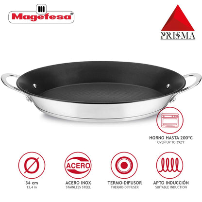 MAGEFESA Prisma – 13.4 inches Paella pan, made of 18/10 stainless steel, triple layer non-stick, for all types of kitchens, INDUCTION, dishwasher and oven safe up to 392ºF - CookCave