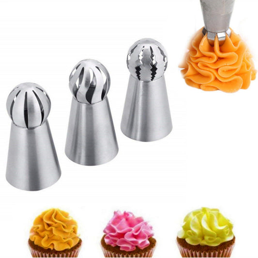 Piping Tips Set，3pcs Stainless Steel Ball Icing Piping Tips, Buttercream Icing Piping Nozzles Cake Decorating Tool, Baking Supplies for Cookie Flower Cakes Pastry Cupcakes - CookCave