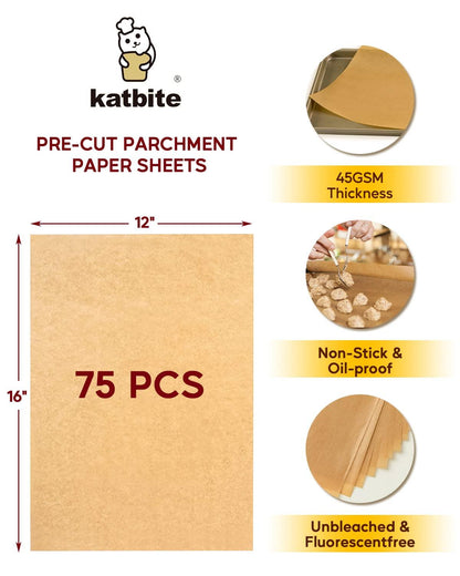 Katbite 75Pcs Unbleached Parchment Paper Sheets 12x16IN, Pre-Cut Heavy Duty Parchment Baking Paper, Non-Stick Half Sheet Brown Baking Parchment Paper for Air Fryer, Baking Cookie Pans, Oven - CookCave