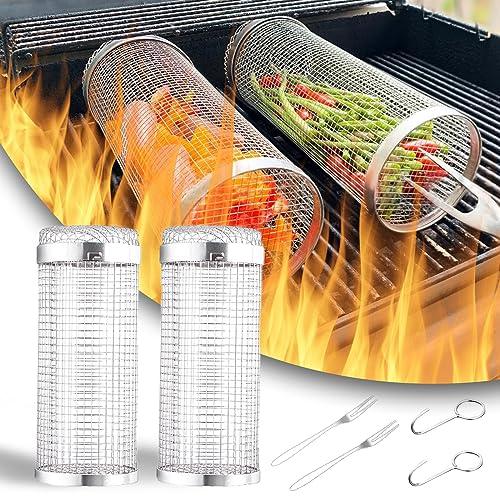 ITMIAYA Rolling Grilling Basket,BBQ Net Tube for Fruits/Vegetables/Meatballs/Sausage/Fish,for Family Gatherings/Party/Camping/Picnic/Barbecue (2pcs-8inch) - CookCave