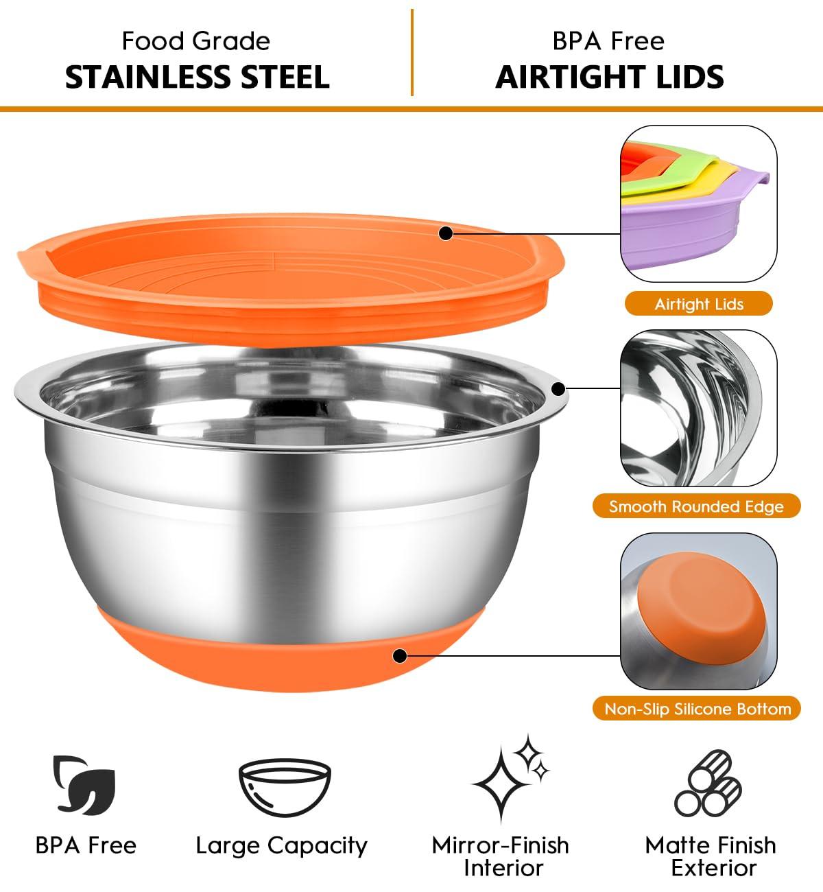 CHAREADA Mixing Bowls with Airtight Lids, 18pcs Stainless Steel Nesting Colorful Mixing Bowls Set Non-slip Silicone Bottom, Size 7, 5.5, 4, 3.5, 2.5, 2, 1.5 qt, Fit for Mixing & Serving - CookCave