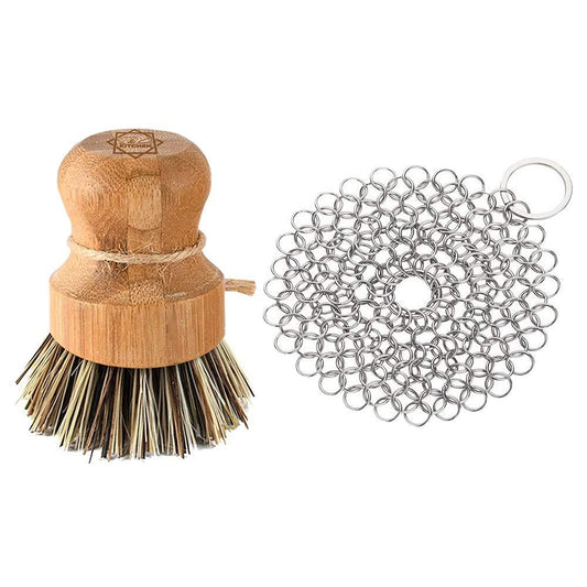 S & C Kitchen - Cast Iron Cleaner with a Bamboo Scrub Brush - 4 by 4-inch Stainless Steel Chainmail - Cleans Pans, Wok, Skillets etc. - Cast Iron Brush Scrubber – 1 PC + Stainless Steel Chainmail - CookCave