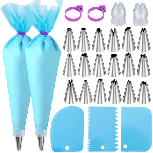 Wddeevoi Piping Bags and Tips Set, Cakes Decorating Kit Supplies with 2 Reusable Pastry Bags, 18 Frosting Tips, 2 Couplers, 2 Bag Ties, 3 Cake Scraper, Cake Decorating Tools for Cookie Icing - CookCave