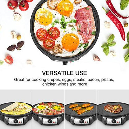 Electric Crepe Maker, iSiLER Nonstick Pancake Maker Griddle, 12 inches Crepe Pan with Spreader & Spatula, Temperature Control for Roti, Tortilla, Eggs - CookCave