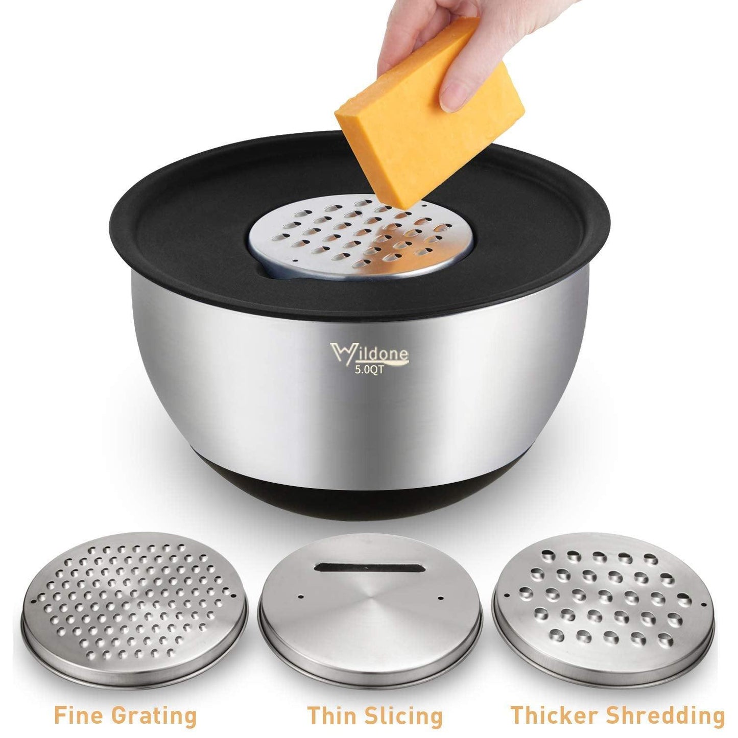 Wildone Mixing Bowls Set of 5, Stainless Steel Nesting Bowls with Lids, 3 Grater Attachments, Measurement Marks & Non-Slip Bottoms, Size 5, 3, 2, 1.5, 0.63 QT, Great for Mixing & Serving - CookCave