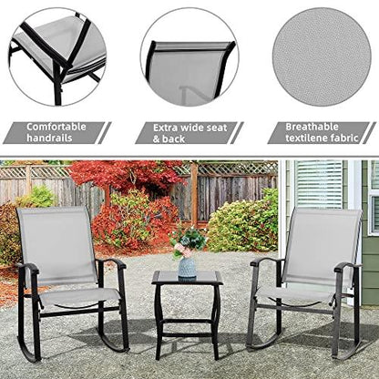 Vongrasig 3 Piece Outdoor Rocking Bistro Set, Textilene Fabric Small Patio Furniture Set, Front Porch Rocker Chairs Conversation Set with Glass Table for Lawn, Garden, Balcony, Poolside (Light Gray) - CookCave
