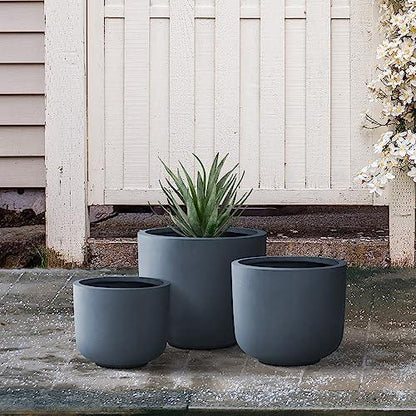 Kante 13",11",9" Dia Round Concrete Large Plant Pots Outdoor Indoor Planters Bowl with Drainage Hole for Patio, Set of 3,Charcoal - CookCave