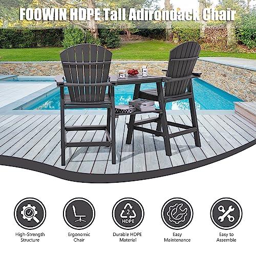 FOOWIN Tall Adirondack Chairs Set of 2，Recycled Poly Balcony Chair with Double Connecting Tray Patio Stools Weather Resistant for Outdoor Deck Lawn Pool Backyard (Double Connecting Tray, Grey) - CookCave