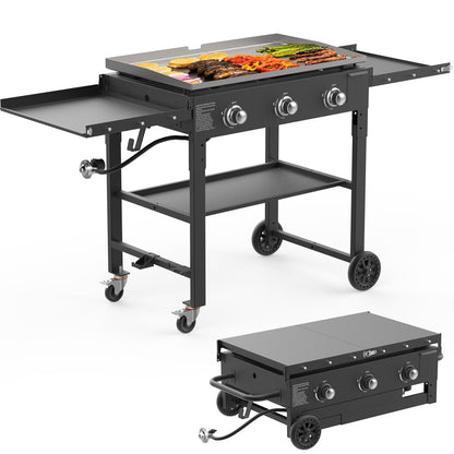 SKOK Foldable Gas Griddle-31.5 Inch Outdoor Propane Griddle, Portable Flat Top Gas Grill -45000 BTU Propane Fuelled, 3 Burners Table Top Griddle Station with Side Shelves - CookCave