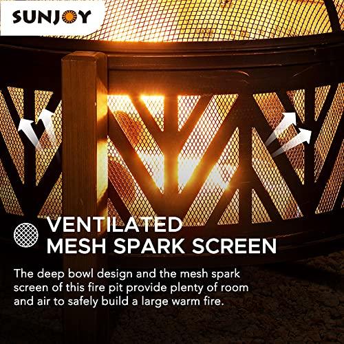 Sunjoy 27 in. Large Fire Pits for Outside Round Wood-Burning Fire Pit, Outdoor Patio Steel Bowl Shape Fire Pit with Mesh Spark Screen and Poker Tool - CookCave