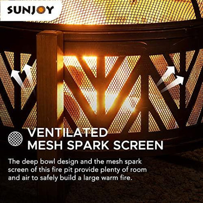 Sunjoy 27 in. Large Fire Pits for Outside Round Wood-Burning Fire Pit, Outdoor Patio Steel Bowl Shape Fire Pit with Mesh Spark Screen and Poker Tool - CookCave