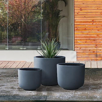 Kante 13",11",9" Dia Round Concrete Large Plant Pots Outdoor Indoor Planters Bowl with Drainage Hole for Patio, Set of 3,Charcoal - CookCave