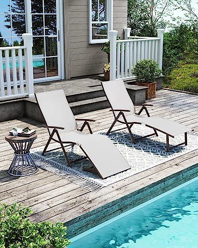 Pellebant Aluminum Patio Chaise Lounge Chair, Adjustable Chair for Outside with 8 Backrest Positions, Brown Frame, Folding Outdoor Recliners All Weather for Beach, Pool and Yard, Light Grey - CookCave